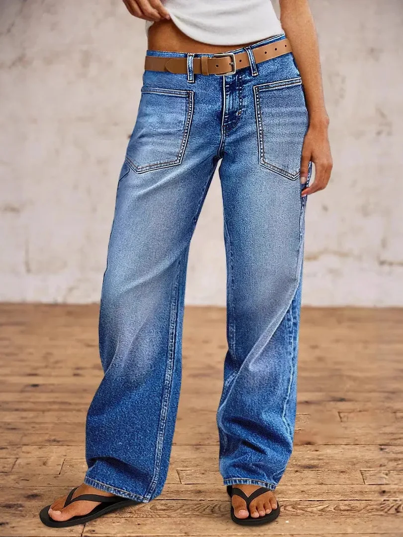 

Модные женские джинсы с высокой талией и прямыми штанинами, повседневные, удобные, из эластичного денима, темно-синего цвета, не требующие глажки