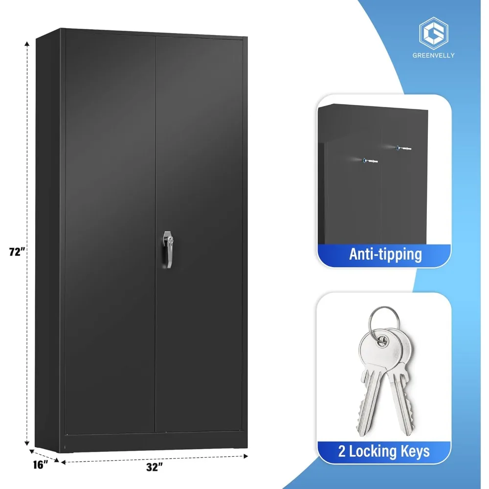 Gabinete de almacenamiento de metal, gabinetes de almacenamiento con cerradura negra de 72" con puertas y 4 estantes, gabinete de almacenamiento de herramientas alto para garaje