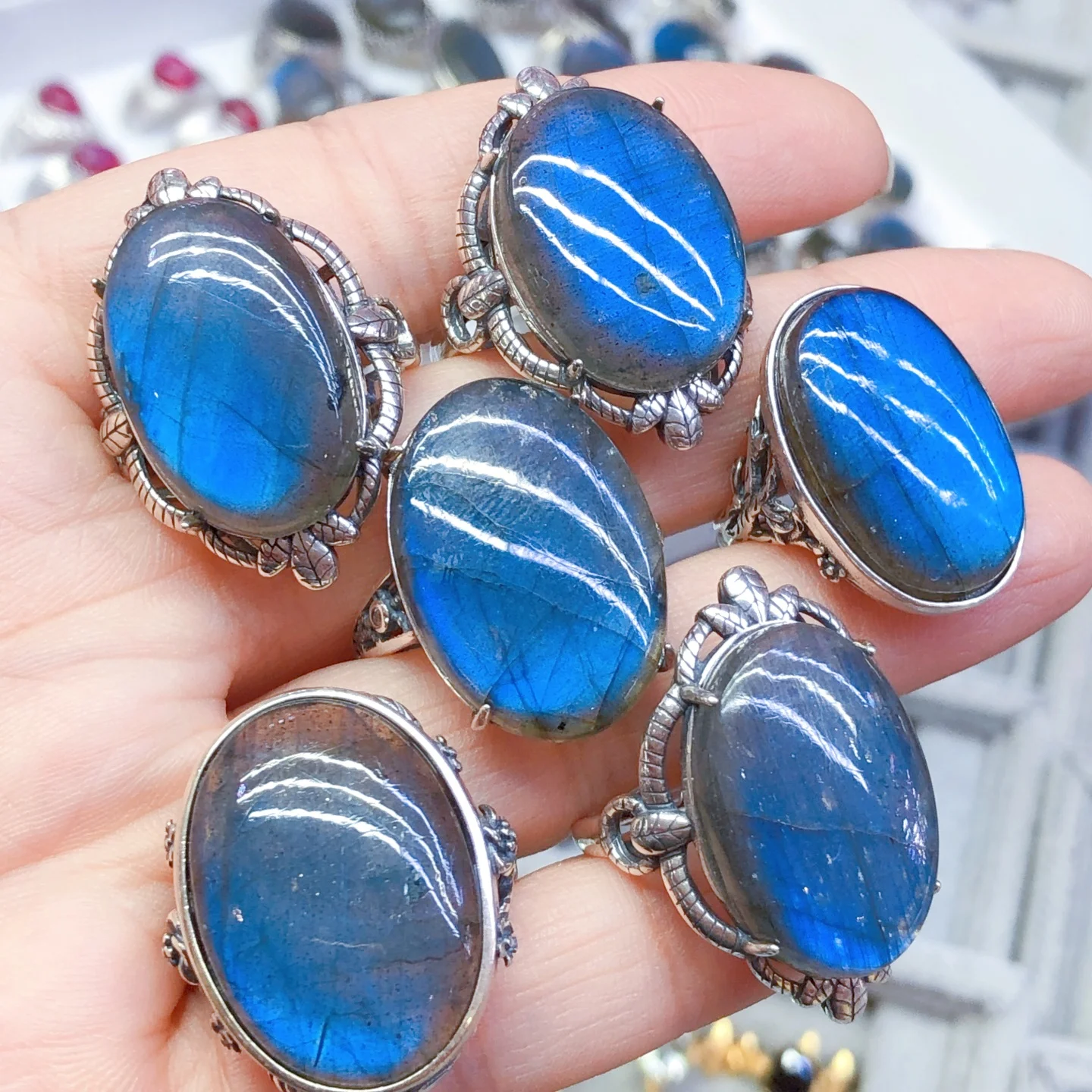 

1 Pc Fengbaowu Natural Labradorite Ring L Oval Cabochon 925 Sterling Silver Reiki Healing Stone Fashion Jewelry Gift Women Men