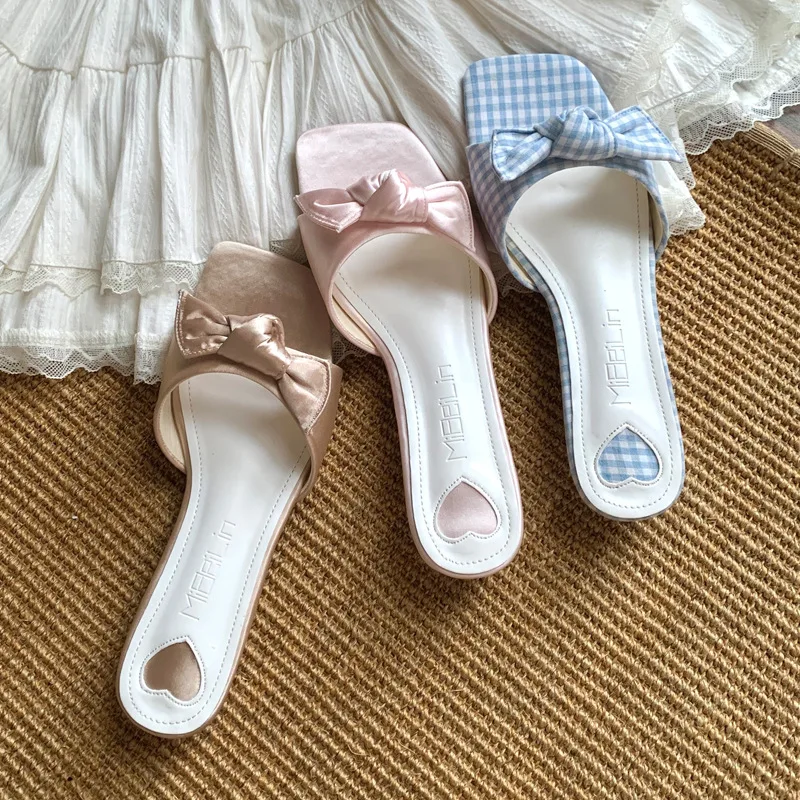 

Women's Slippers French Style Sweet Style Bow One-word Cool Slippers Summer Square Head Open-toed Cool Slippers Chaussons Femme