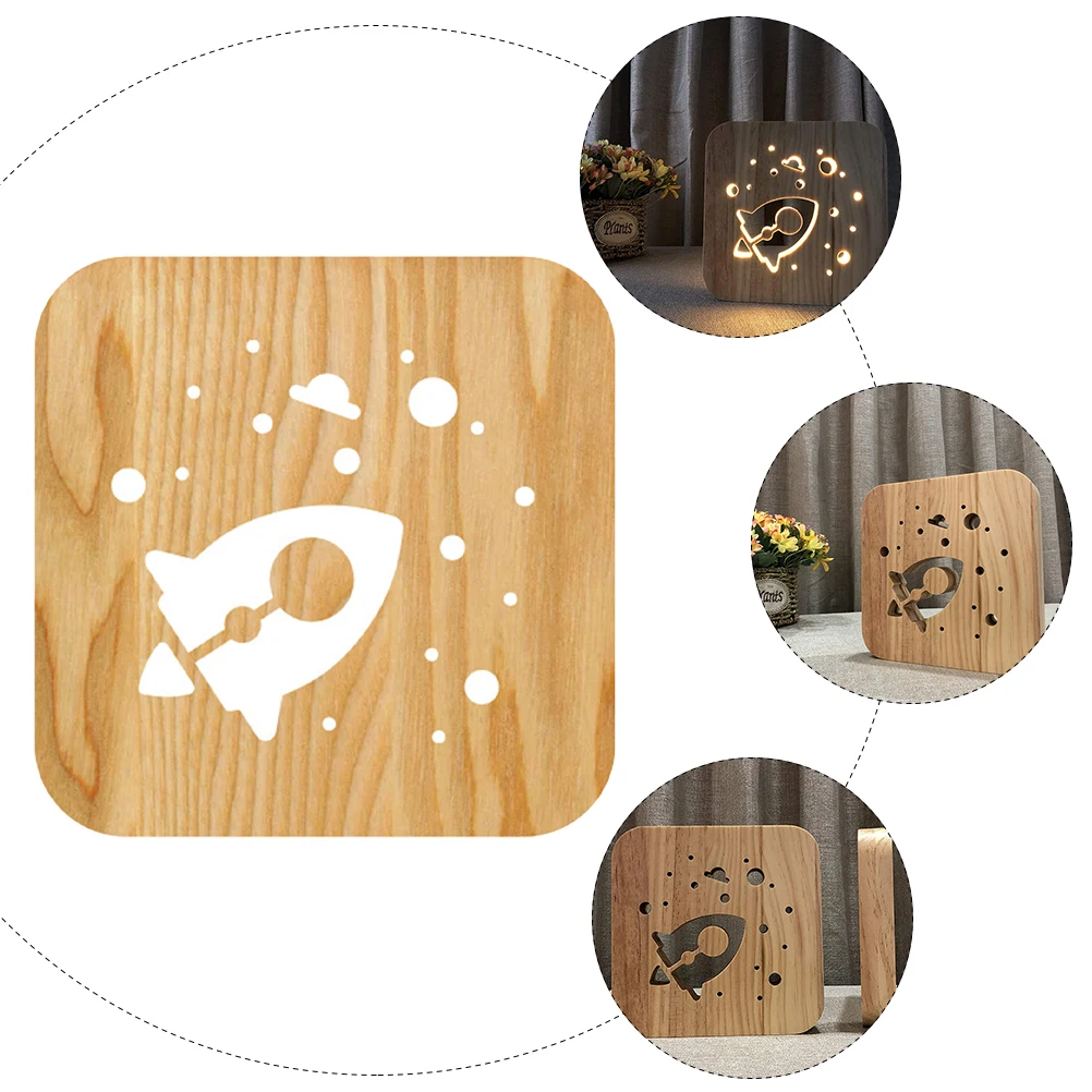 

3D Wooden Rocket Night Lamp Light Bedroom Dorm Living Room Usb Powered Hollow-Out Decorative Light Lightweight Easy