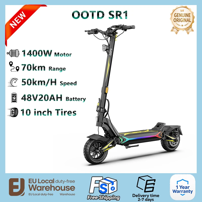 Trottinette électrique OOTD SR1, nouveau modèle 2026, puissance de pointe 1400W, batterie lithium haute performance 48V20AH, véhicule léger en alliage d'aluminium, vitesse maximale 50KM/H, autonomie maximale 70KM, pneus de 11 pouces, charge maximale 120KG, trottinette électrique étanche IPX4