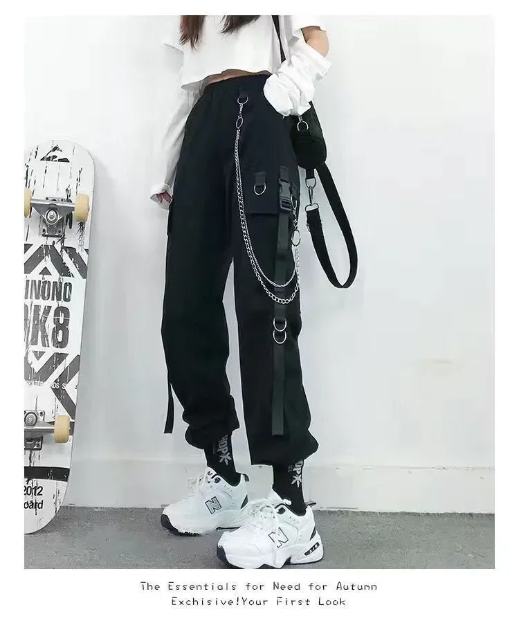 Schwarze Freizeithose für Damen im Frühling und Herbst, koreanischer Stil, Ins Hip-Hop-Student, lockere, hoch taillierte, schmal geschnittene Cargohose, trendig – Detail 11