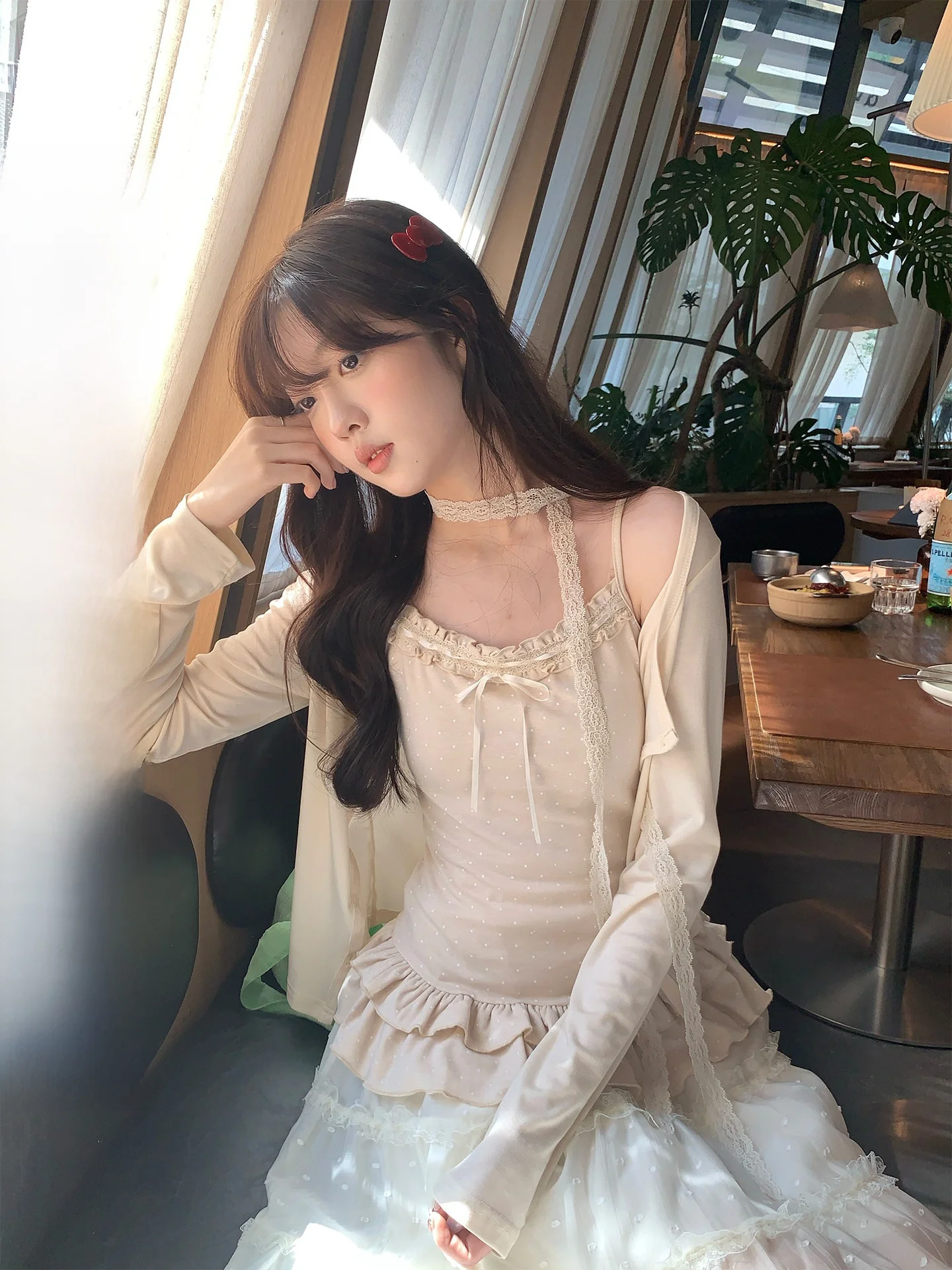 

Holli Korean Sle Long Sve Polka Dot Ruffle Hem Vest Strap Knot Cardigan Two Piece Set Spring New Arrival Wom...