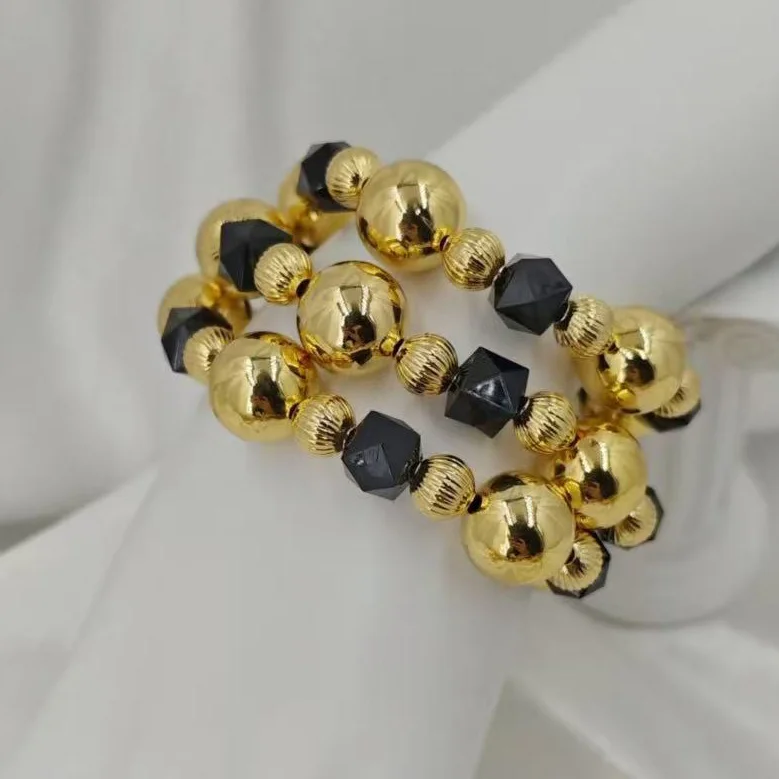 New In Elegant Gold Tone Metal Beaded Bracelet with Black Crystal Accents Trendy Multi-Layer Elastic Bangle for Daily Wear