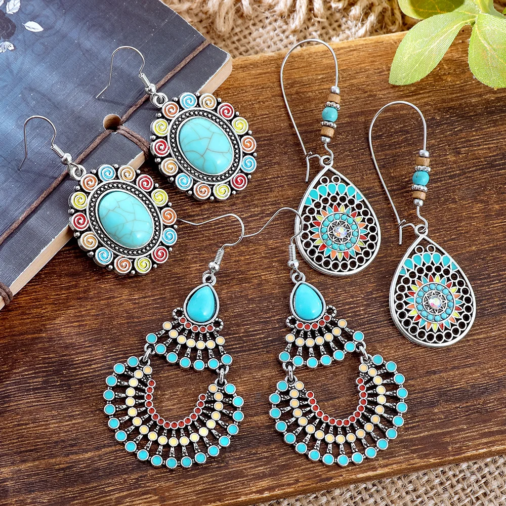 

6Pcs/Set Bohemian Colorful Drop Oil Vacation Style Earrings for Women Retro Ethnic Creative Geometric Dangle Earrings Jewelry