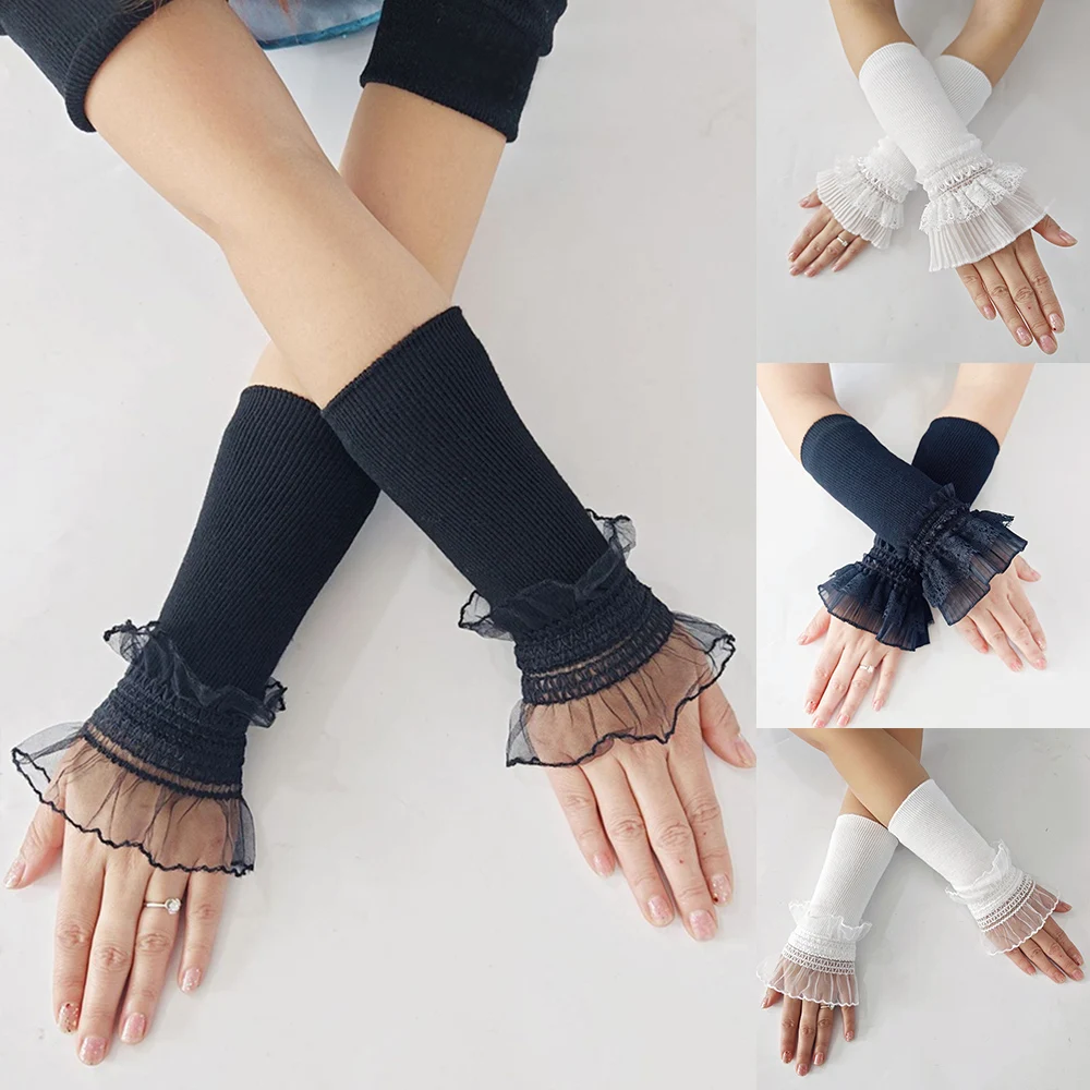 

1 Pair Women Arm Sleeves Knit Lace False Cuff Autumn Winter Yarn Short Gloves Patchwork Elastic Arm Cover Trendy Decoration