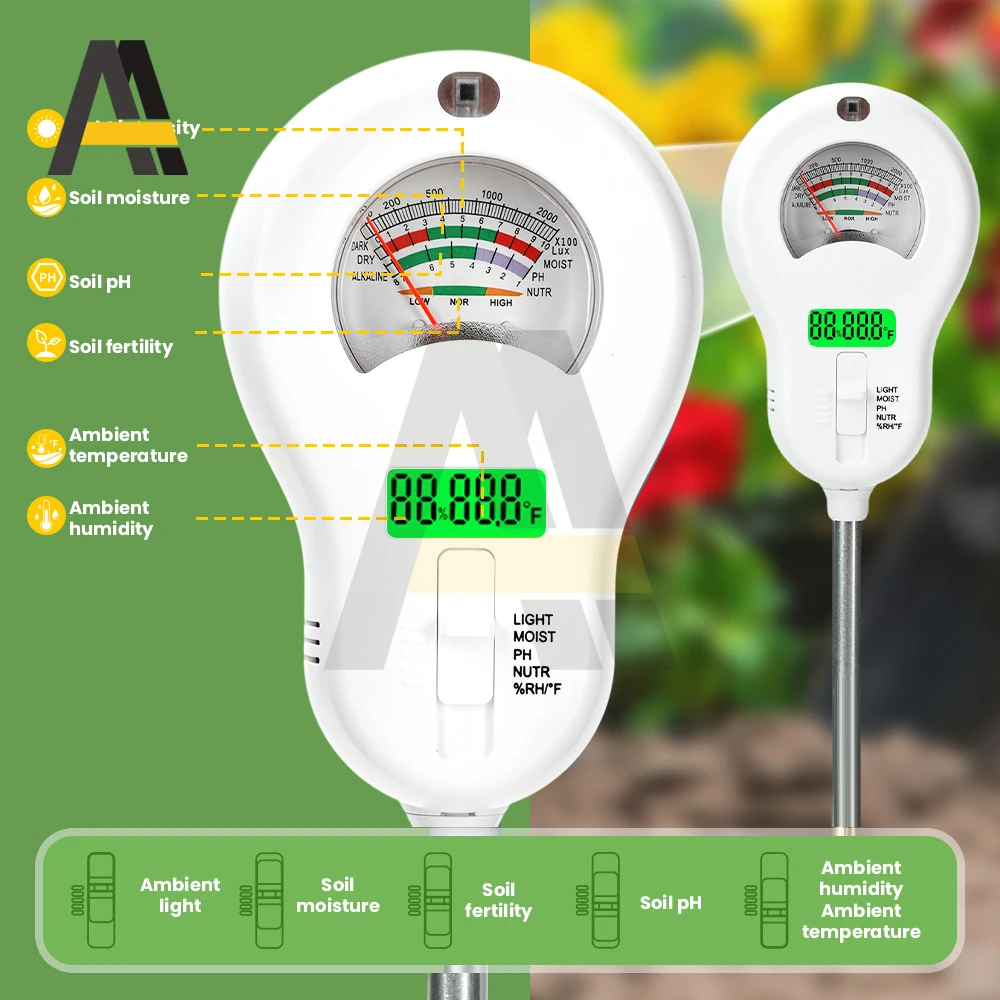 6 in1 다기능 디지털 토양 테스터 회전식 디스플레이 포함 pH 습도 온도 빛 수분 비옥도 측정