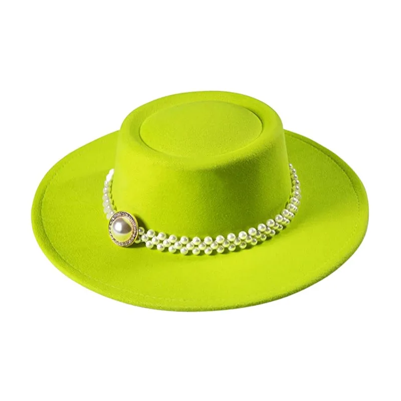 Women White Fedora Pork Pie Hat Felt Wide Brim Vintage Top Hat with Pearl Belt Wide Brim Panama Trilby Cap Autumn winter