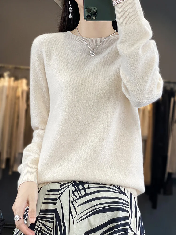 2024 New Women\'s O-Neck Long Sleeve Cashmere Pullover Sweater 100% Merino Wool Knitwear Female Clothing Autumn Winter Tops