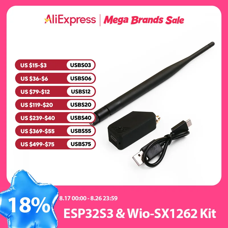 XIAO ESP32S3 Wio-SX1262 para Kit Lora Meshtastic 868MHz 915MHz, Antena Externa de Ganho 2dBi com Case 3D, WiFi, BLE, LoRaWAN