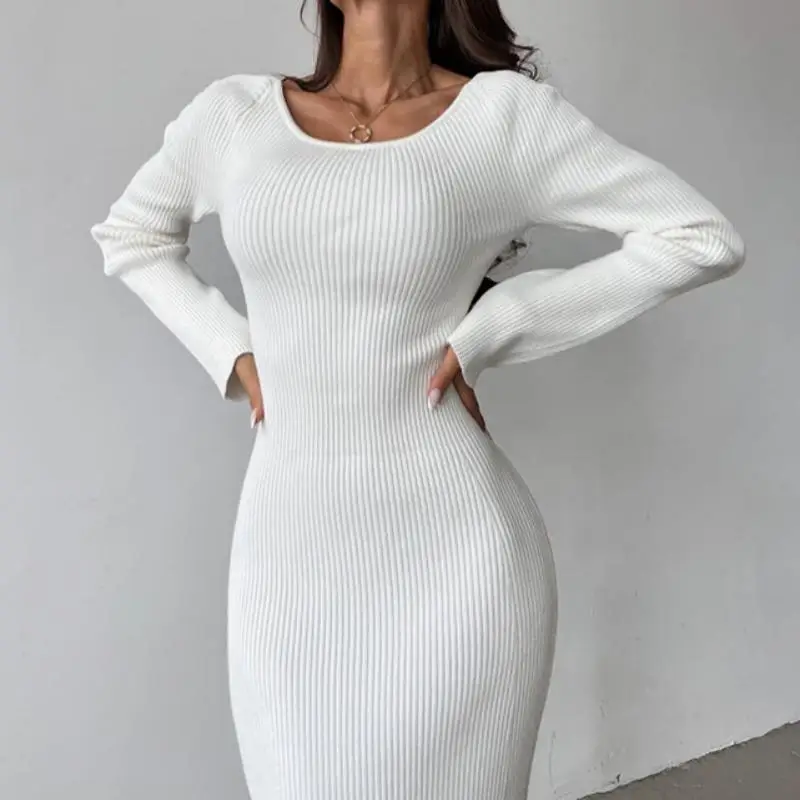2025 솔리드 컬러 긴팔, 폼 피팅, 투피스 니트, 컷 아웃, 여성용 섹시한 깊은 V 넥 원피스