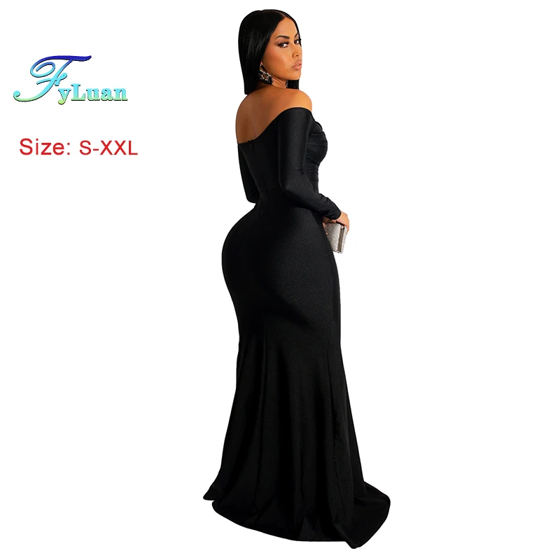 高品質レッドレディースロングドレスラップバスト長袖オフショルダーレディースフィッシュテールドレスセクシーウェディングパーティー誕生日ガウン