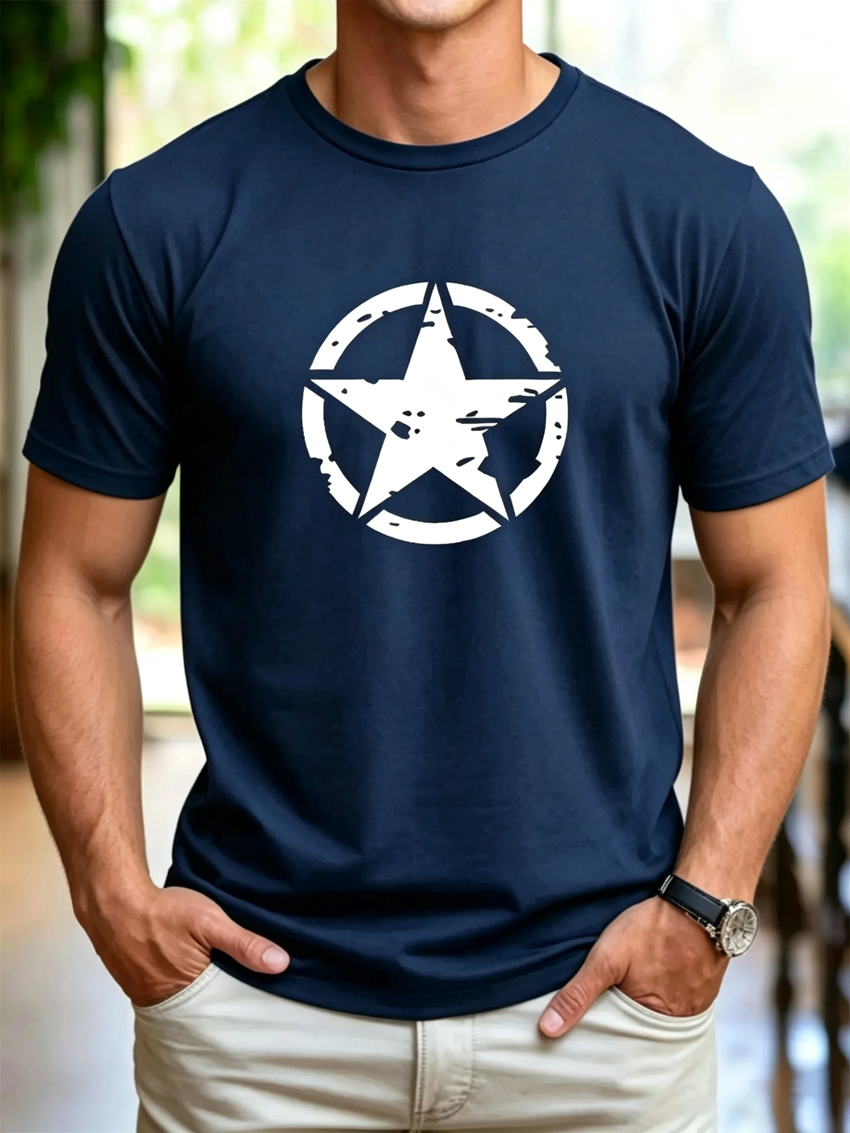 Retro distressed worn-out five-point star circular print short-sleeved loose-fitting casual versatile basic style couple T-shirt