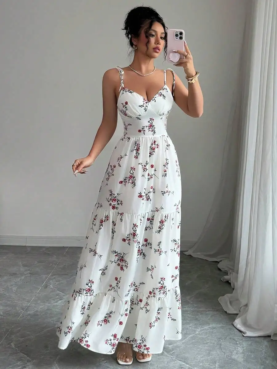 Damenkleid mit Blumenmuster und Rüschensaum Ärmelloses Urlaubskleid Lässiges Maxikleid für Frühling/Sommer