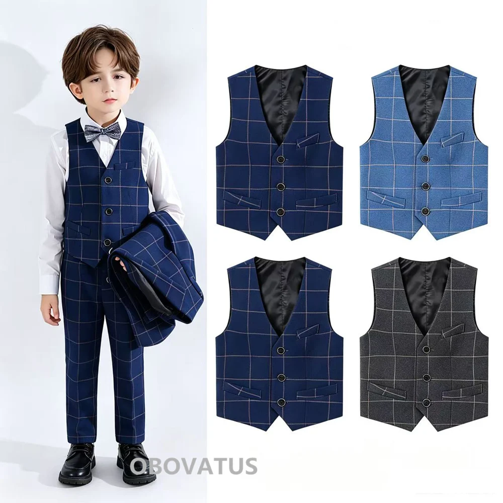 High Quality Brand Kids Formal Suit Waistcoat For Teenager Boy Luxury Wedding Party Plaid Vest Adult Bartender Waiter Vest 4-16Y