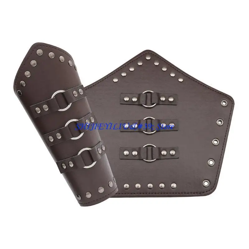 E21F Medieval Gothic Wrist Bracers with Rivet Decor Punk Knight Pirate Knights PU Lace-Up Wristband