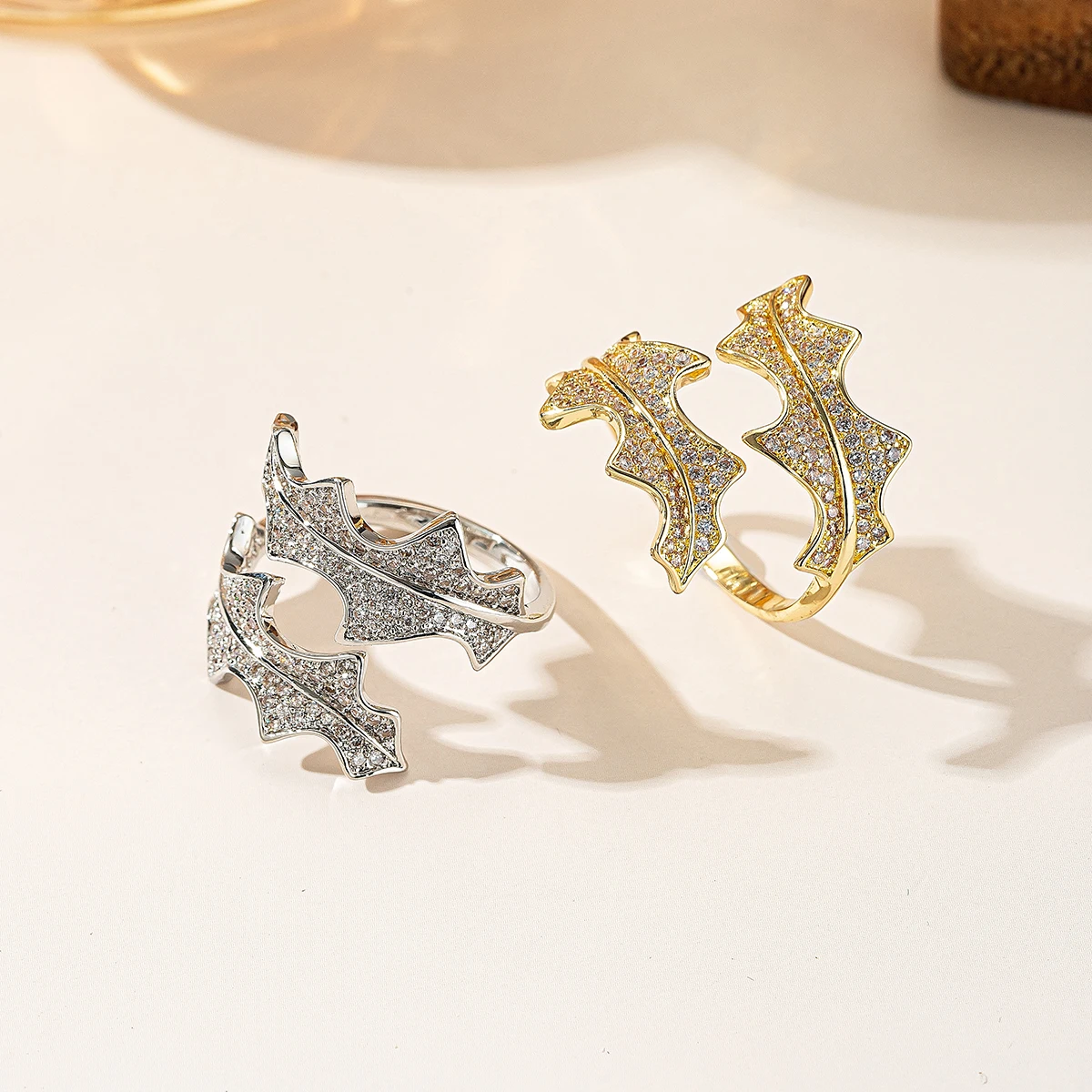 Trendy Hollow Leaf Shape Zircon Adjustable Open Ring 18K Gold Plated Stackable Ring for Women Daily Wear