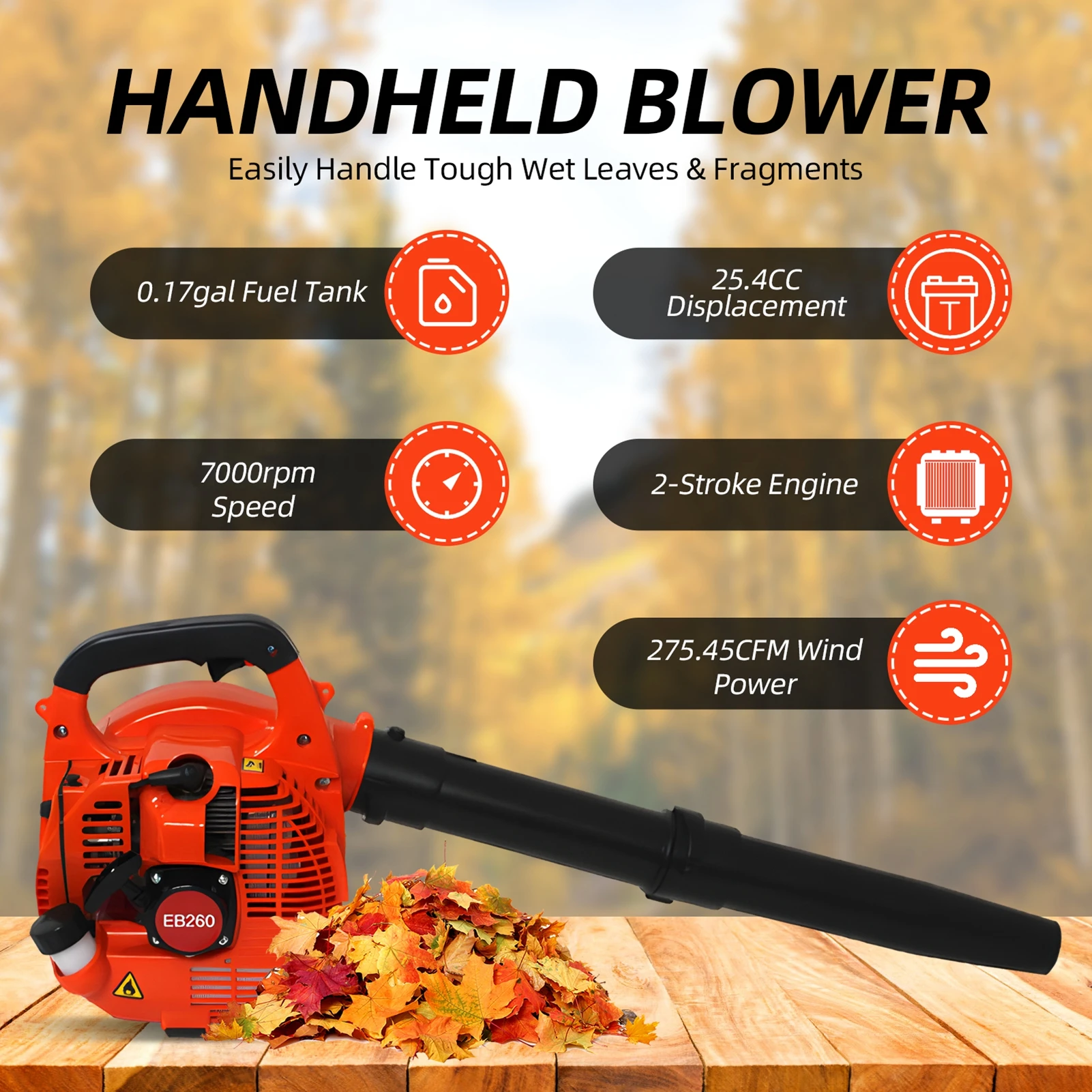 0.65L Oil Tank Handheld Blower Powerful Wind Snow Blower 750W Gas Powered Leaf Blower 2Stroke Engine 25.4CC 275.45CFM Air Volume