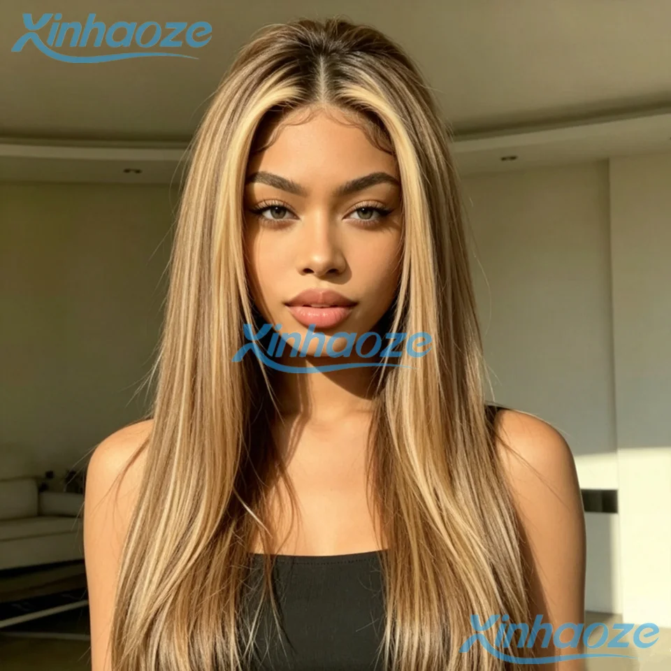 Silky Straight Middle Part Human Hair Brown Blonde #4/27 Highlight Glueless 5x5 Silk Top Closure Wogs Pre Plucked 360/Full Wigs