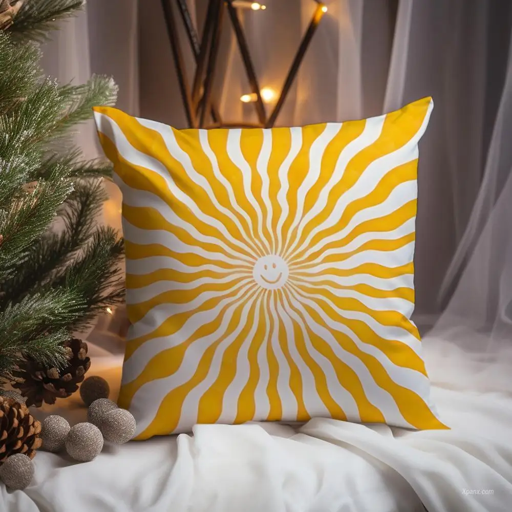 Cartoon WWavy Sun Smile Print Cushion Cover Premium Comfort Reversible Pillow Cove -Two in One Design for Any Room & CarInterior