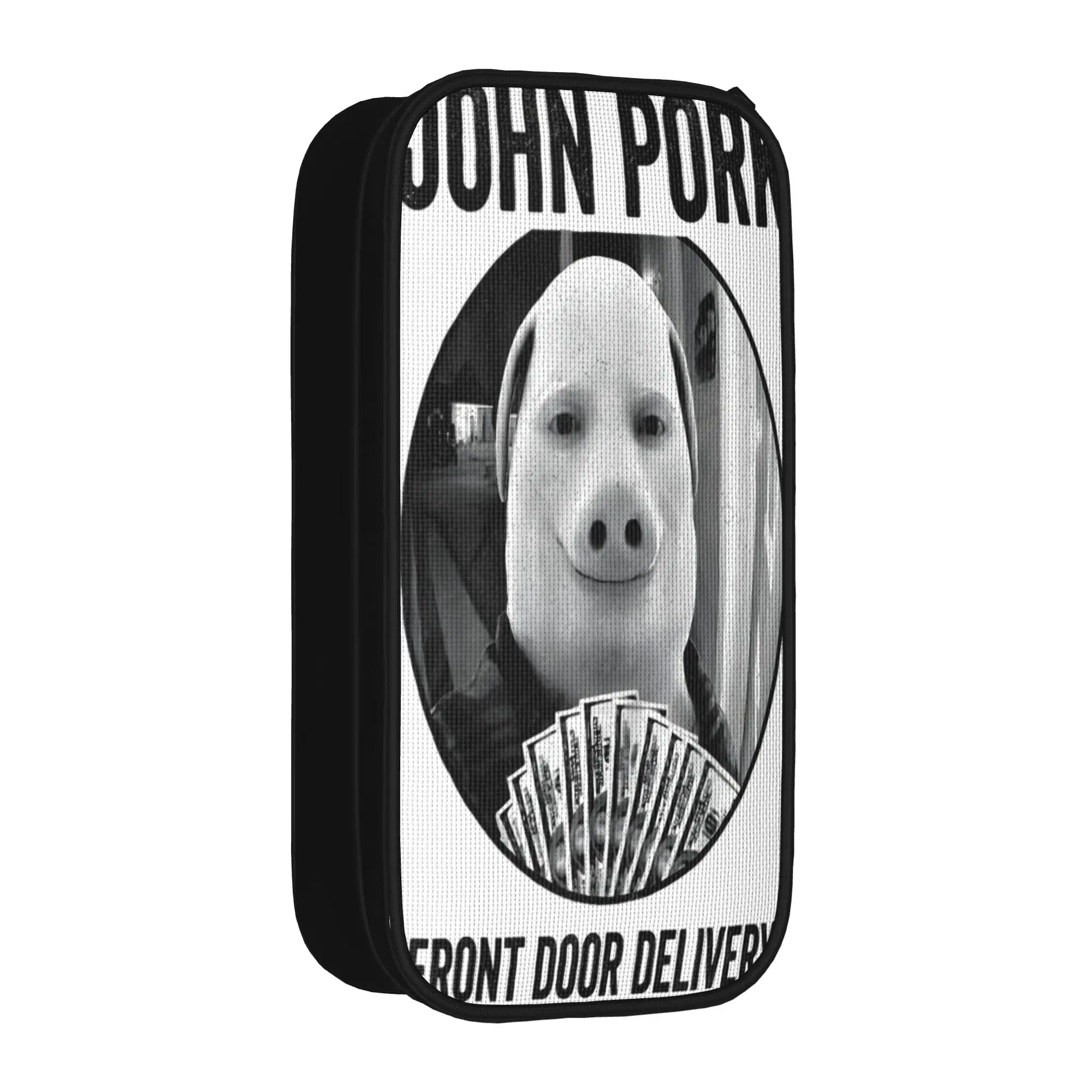 John Pork Front Door Delivery Meme Pig Man Holding Money Art Pencil Case Big Pencil Box Child Zipper Back To School Pencil Cases