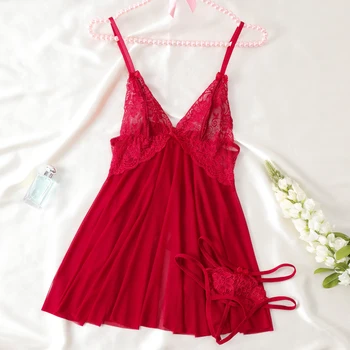 Sexy Sommer-Pyjama mit offenem BH und tiefem V-Ausschnitt, Damenmode, niedliche Dessous-Kleidung, beruhigend, weich, ärmellos, Mini-Tangas, Rock-Set