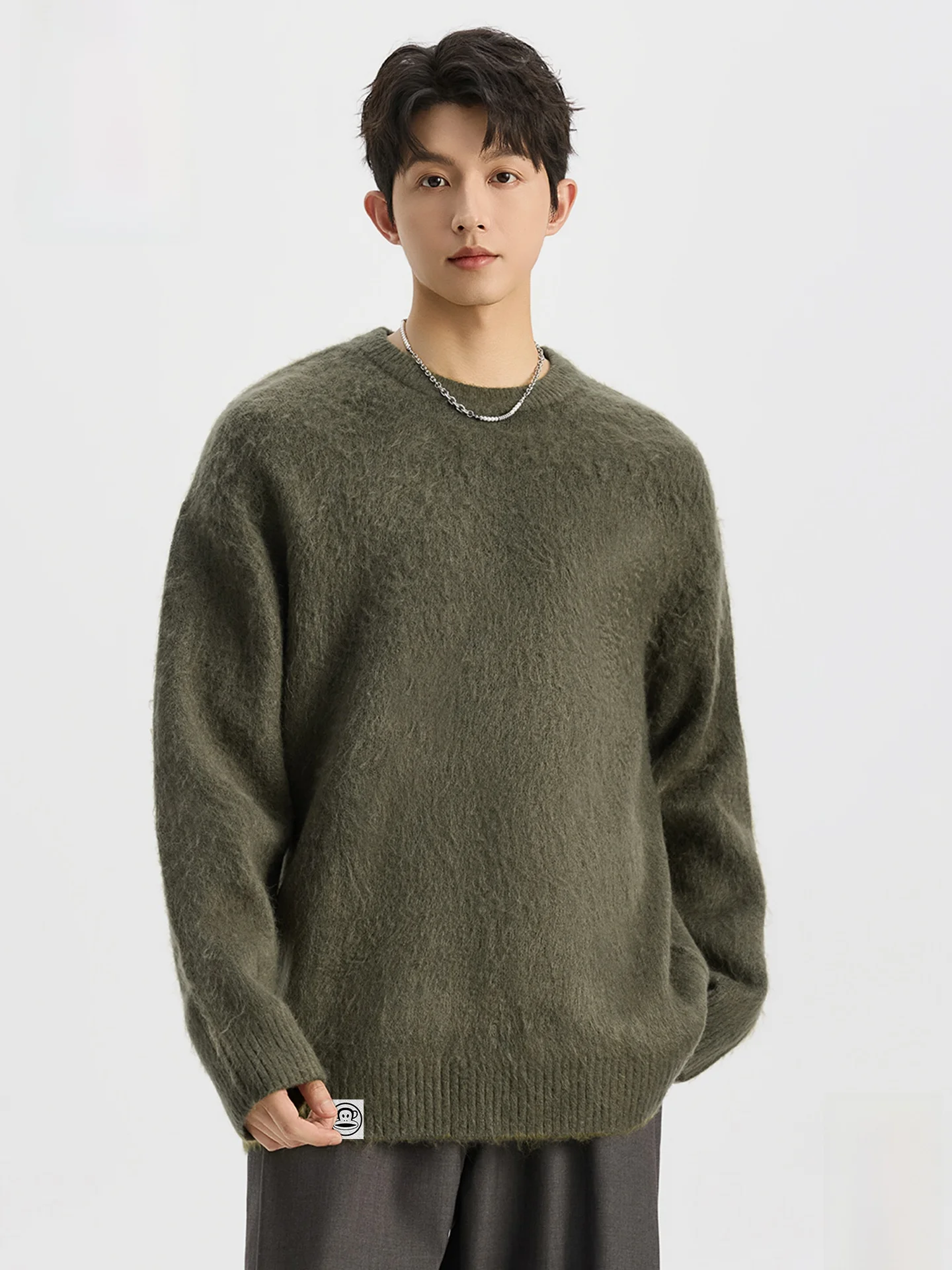 

Мужской вязаный свитер в стиле ретро, осенне-зимний, утепленный, с дизайном в виде обезьяньей мордочки, стандартный крой, длинный рукав