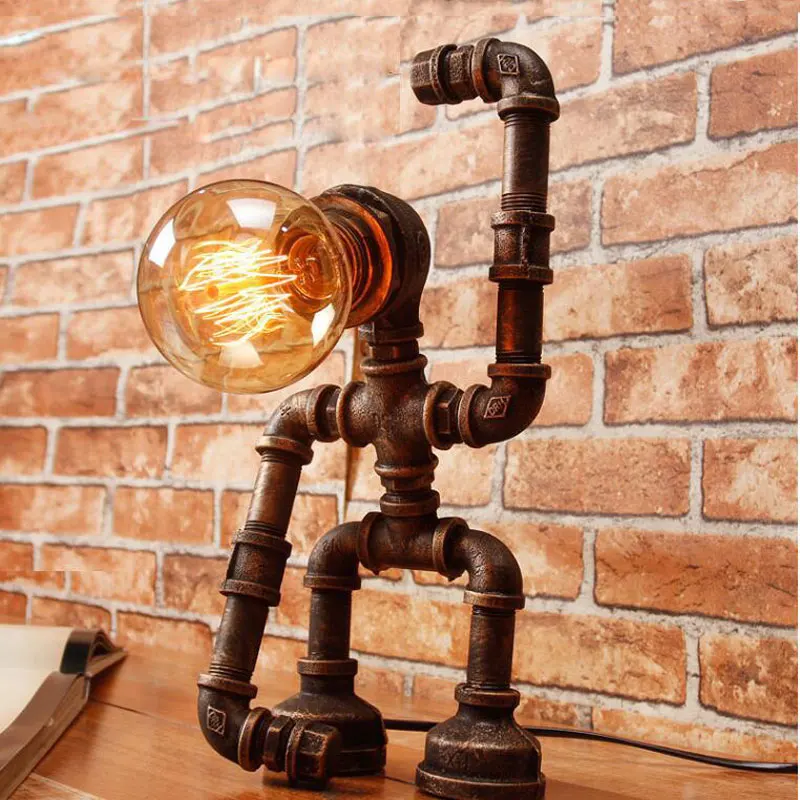 

American Vintage Iron Robot Table Lamp Industrial Style Personalized Bar Bedroom Bedside Study Desk Light Water Pipe Night Light