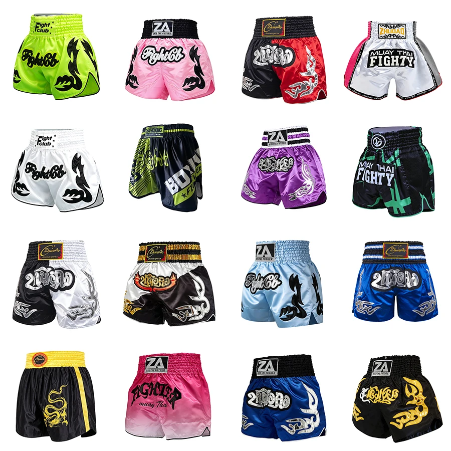 Kickboxen Muay Thai Shorts Glänzende Satin-Boxshorts mit Stickerei Gym-Sportshorts für Kampfsport-Training und Sparring