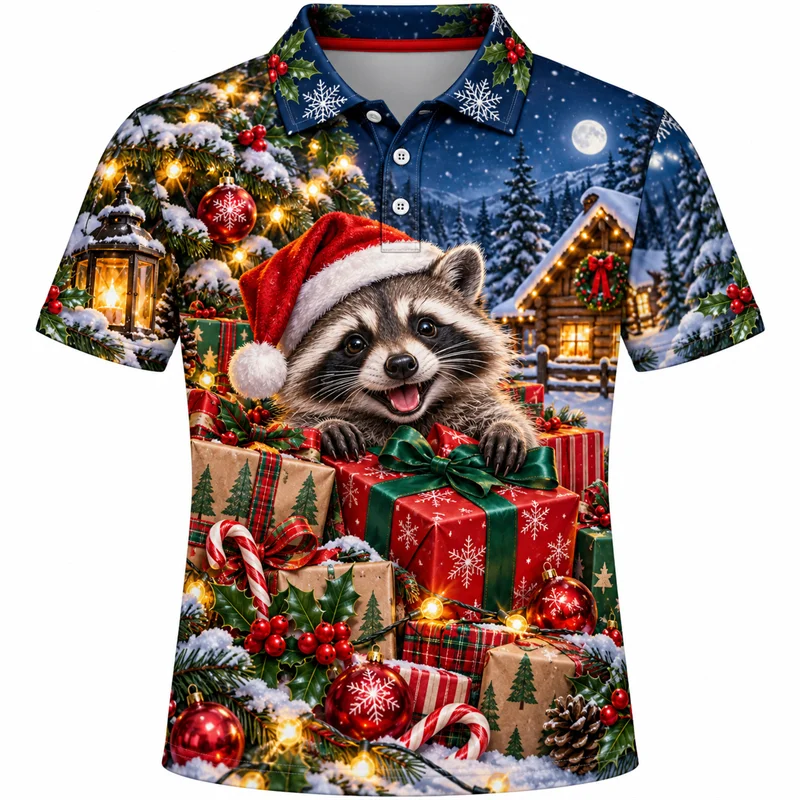 Christmas Polo Shirt for Men Short Sleeve Corgi Cardinal Owl Raccoon Fox Graphic Designs Casual Holiday Party Top