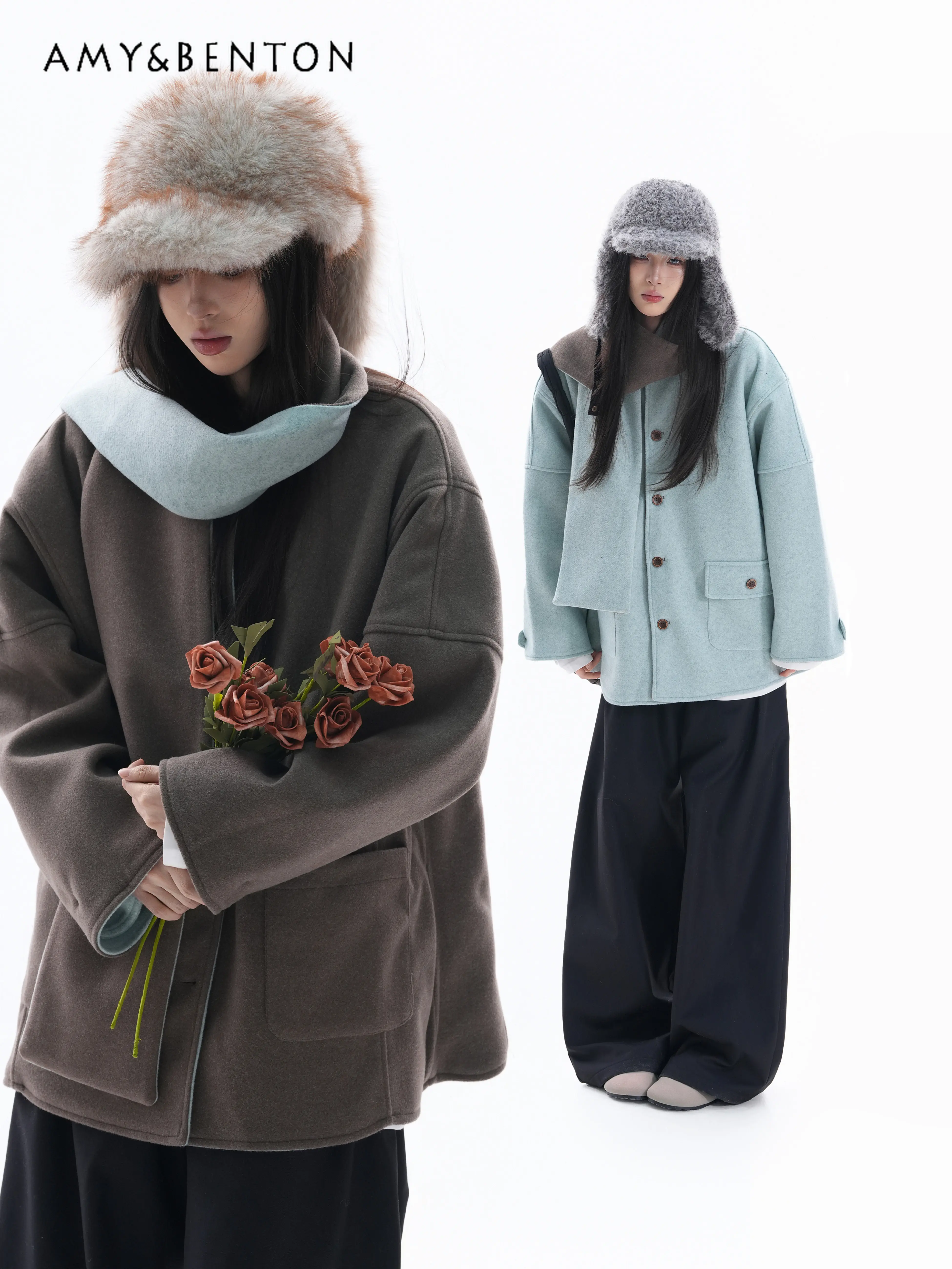 

Autumn Winter Korean Commuting Style Coffee Color Reversible Coat for Women Winter Scarf Matching Warm Navy Blue Woolen Coat