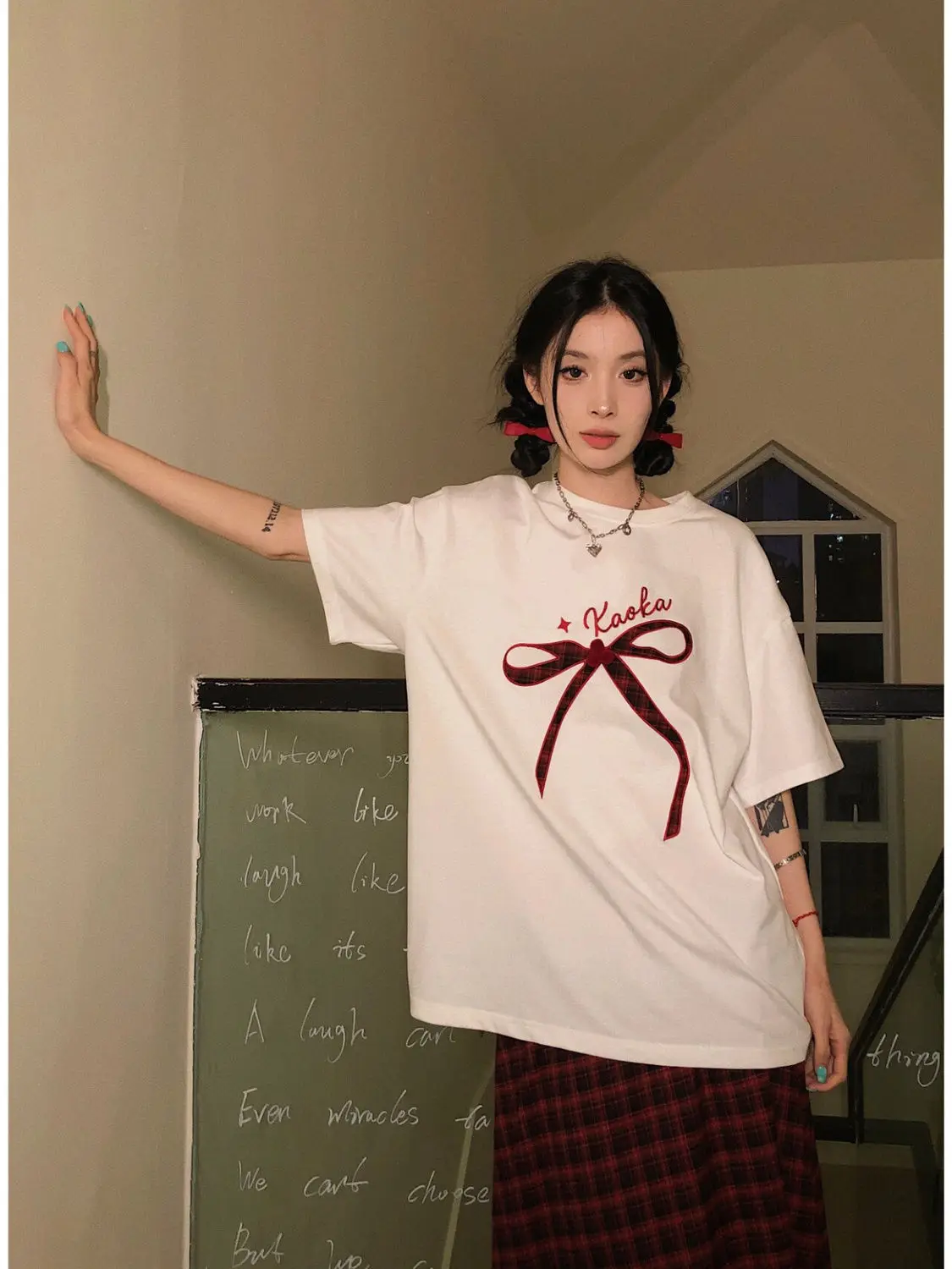 

Street American Ins Pure Cotton Heavy Printed T-shirt for Women in Summer Y2k Loose Casual Design Personalized Bow Printed Top
