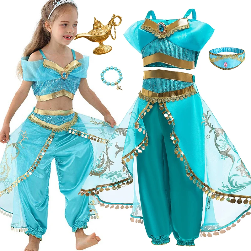 Girls Jasmine Princess Costume Aladdin Sequin 2Pcs Top Pants Set Magic Lamp Accessories Kids Birthday Halloween Cosplay Outfit