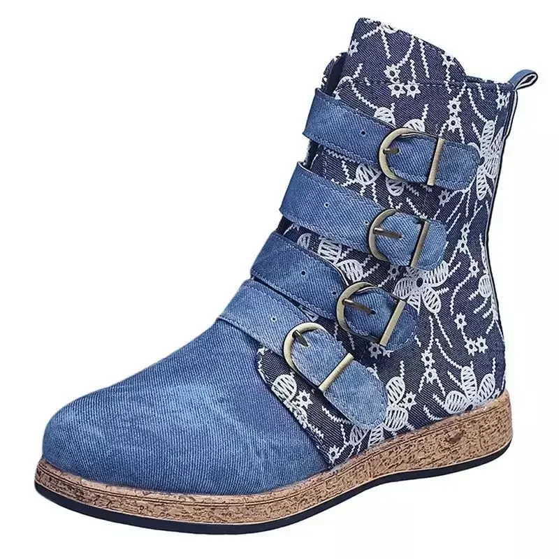 New Socofy Women Boots Retro Printed Metal Buckle Soft Leather Zipper Ankle Boots Ladies Shoes Women Botines Mujer 2023