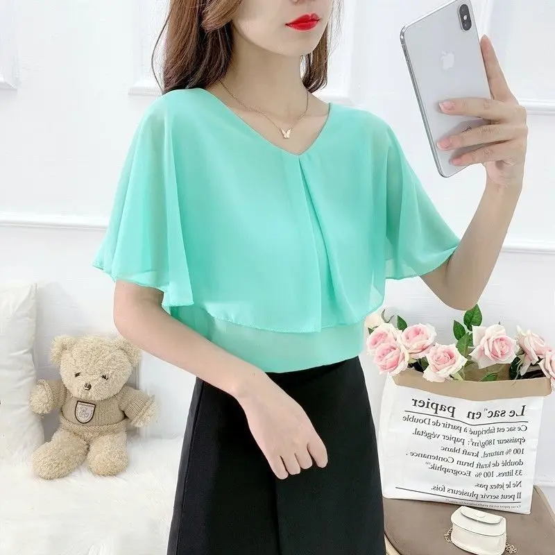 2023 New Summer Fashion Trend Commuting Minimalist V-neck Ruffled Edge Elegant Temperament Fresh Solid Color Versatile Shirt