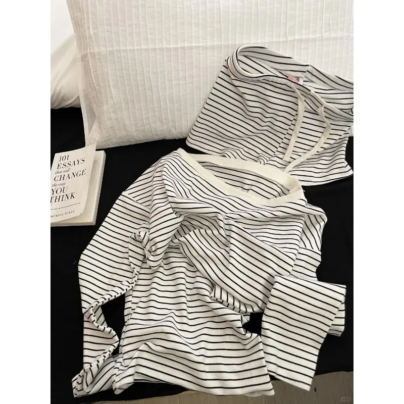 2026 New Spice Girl One-word Neck Slant Shoulder Long Sleeve Waist Black and White Striped Top Straight Shorts Two-piece Set