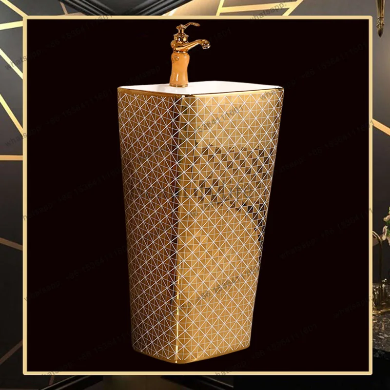 Electroplated gold one-piece column basin, local tyrant gold square floor washbasin