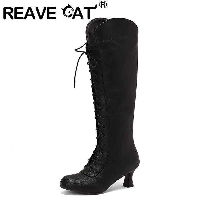 

Женские сапоги до колена REAVE CAT, сапоги смешанных цветов с круглым носком и шнуровкой, размеры 48, 49, 50, 2024