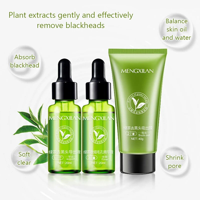 Blackhead Remover Kit Face Serum Exfoliate Shrink Pores Oil Control Peel Off Mask Whitening Green Tea Gentle Skin Care 3Pcs/Set