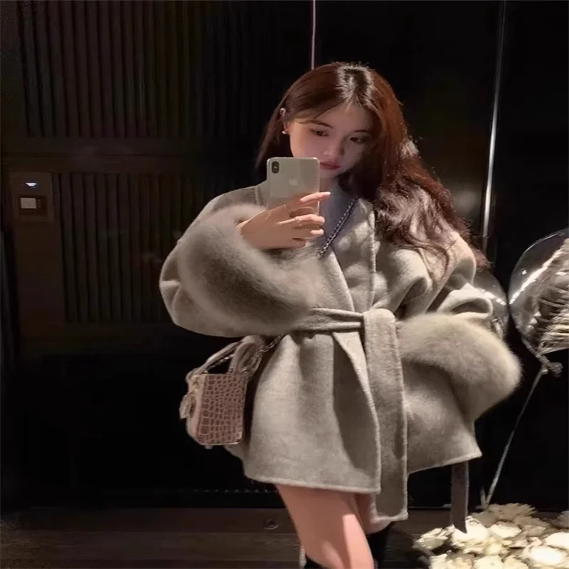 Manteau à bretelles en laine double face pour femme, veste courte en cachemire, poignets perfectionnés, fourrure de renard, tempérament, haut de gamme, nouveau, 2024