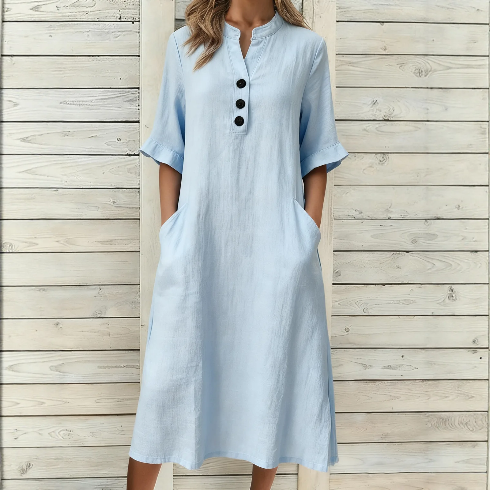 

2026 Summer Cotton Linen Stand-up Collar Buttoned Short-sleeved Women's Loose Dress Casual Simple Pocket Female Blue Long Dress