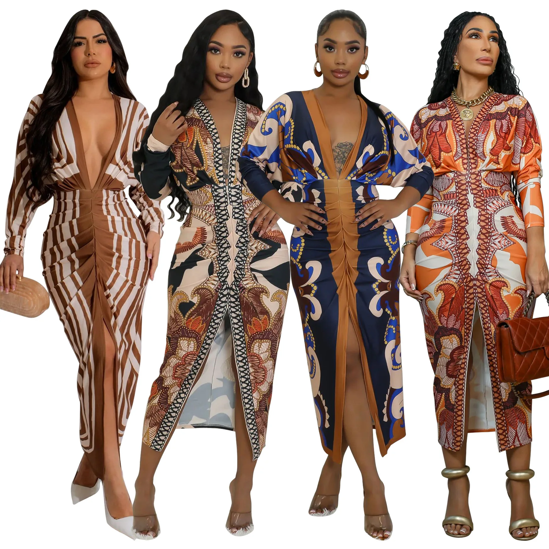 Summer Dress Beach 2024 Swim Wear Swimming Cover Up For Ladies Outing Women's Color Printed Sexy V-Neck Long Sleeve Slit Skirt