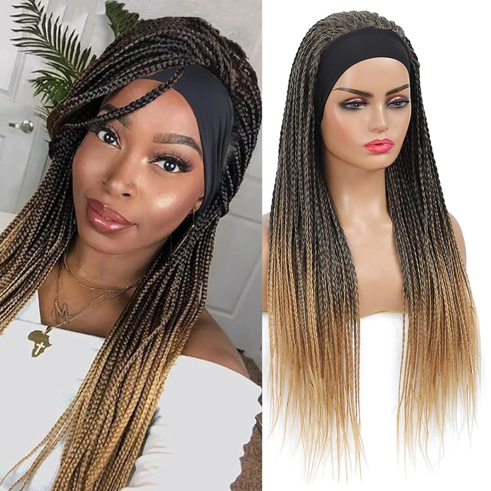 

Ombre Headband Braided Synthetic Wigs for Women Mix Blonde Box Braids Wig with Head Band Wig Dark Brown Knotless Long Brown Wigs