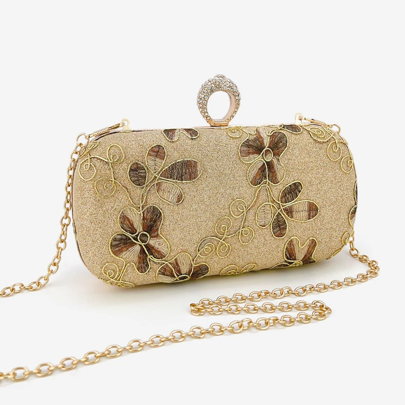 Vintage Embroidered Kiss Lock Clutch Bag, Bridal Wedding Purse Party Bag, Metal Chain Cocktail Handbag