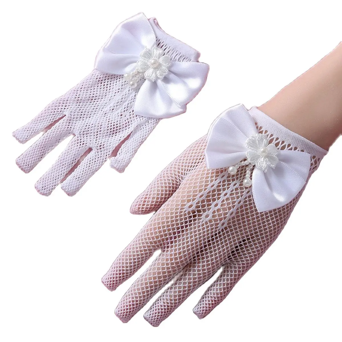 Guantes de novia completos de estilo Sexy maduro para damas, guantes de boda elásticos de encaje blanco con lazo, adecuados para fiesta