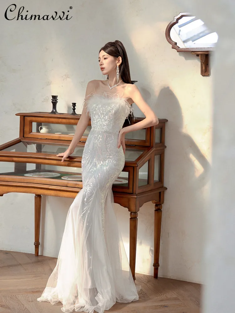 High-End Fashion Feather Strapless Dress 2026 New Sexy Girl Temperament Slim-fit Birthday Party Mermaid Dress for Women
