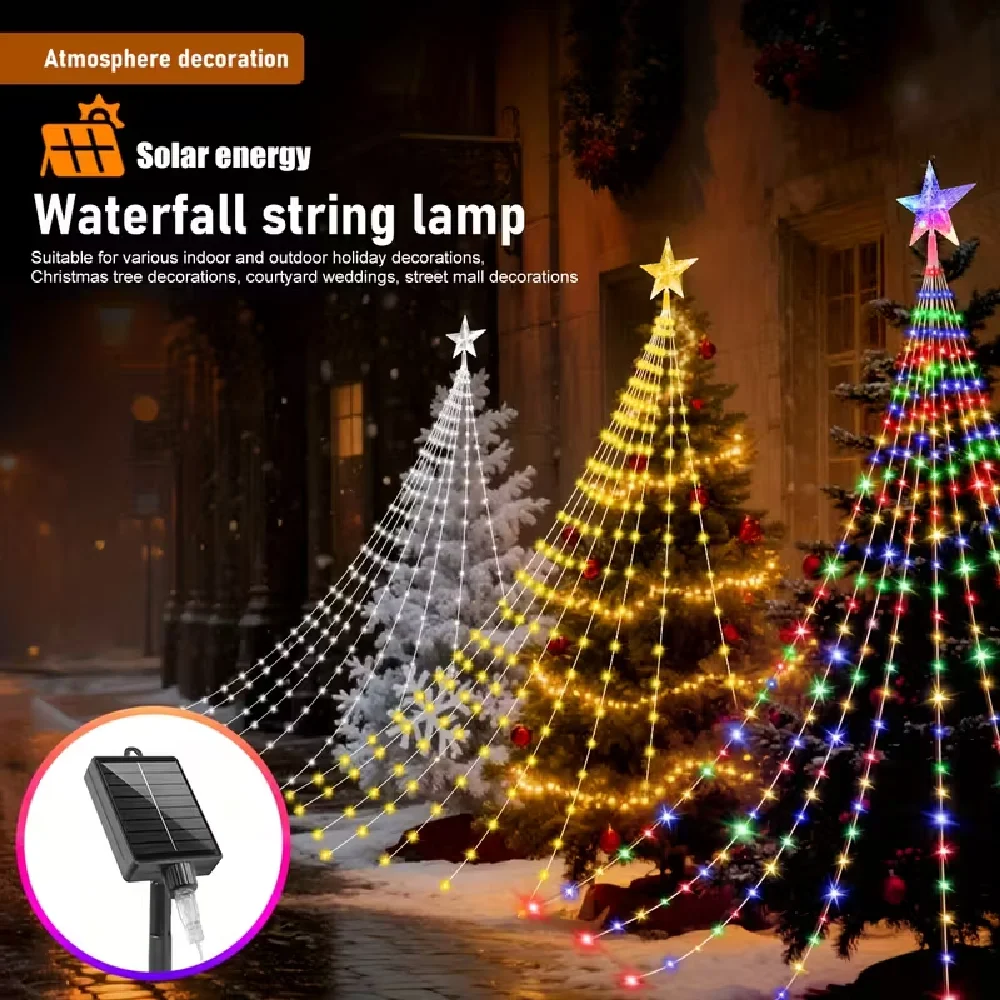 Solar Powered Decorative Star Waterfall Lights 8  Modes IP67 Waterproof Outdoor Party Ambient String Lights Xmas Tree Decor
