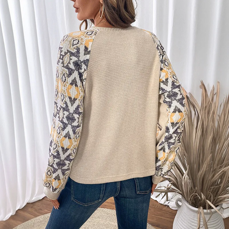 2025 Autumn Winter Women's Pullover Ethnic Style Long Sleeve Tee Shirt Tops with Patchwork Design