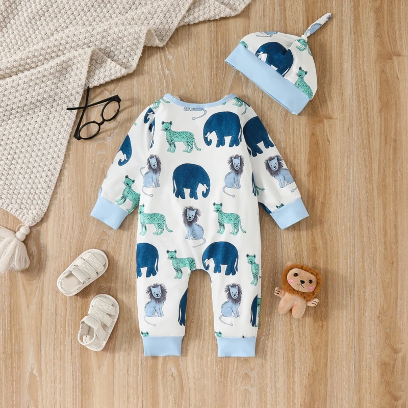 Newborn Baby Boy Girl Jumpsuit Cartoon Animals Long Sleeve Romper Button Down Bodysuit Playsuit with Beanie Hat 2Pcs